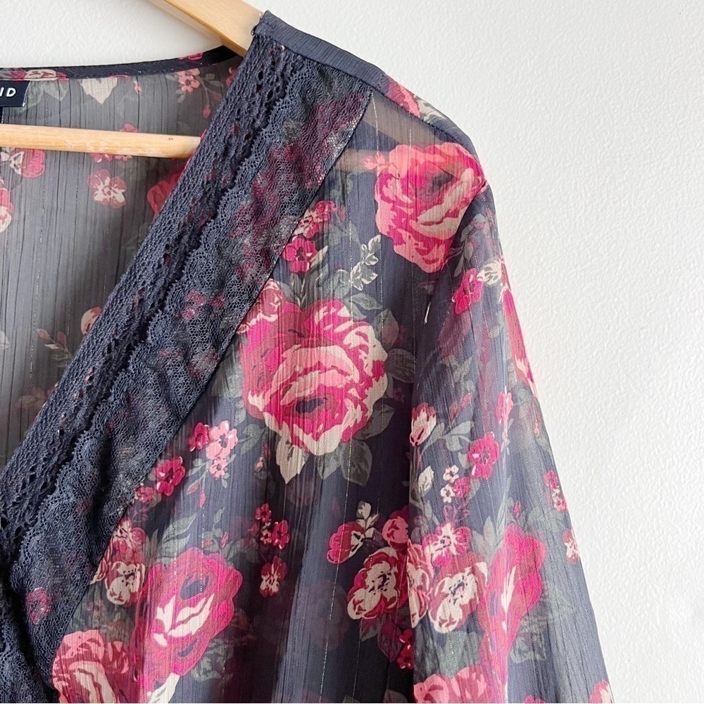 Torrid Babydoll Chiffon Lurex Crochet Lace-Up Sheer Blouse, Black Red Floral, 1X - Picture 5 of 14
